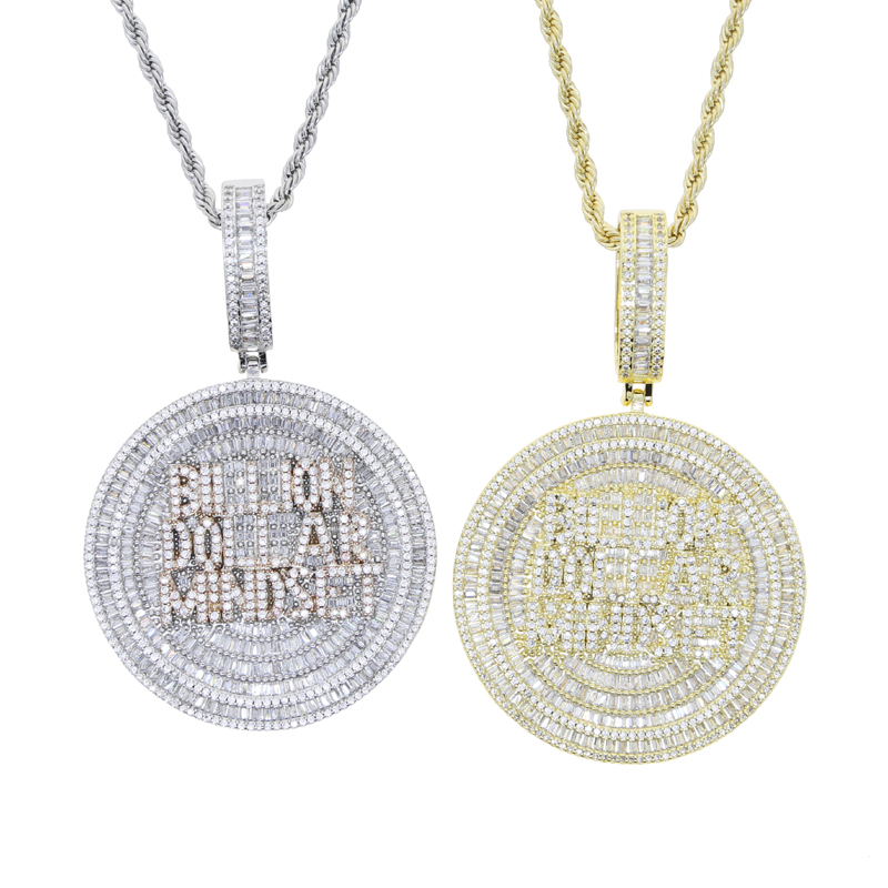 Iced Out Billion Dollar Mindset Letter Round Charm Pendant Necklace with Rope Chain Hip Hop Women Men Full Paved 5A Cubic Zirconia Boss Men Gift Jewelry