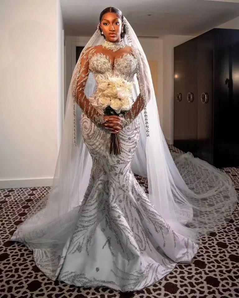 Saprkly Sequined Crystals African Girls Mermaid Wedding Dresses Plus Size High Collar Trumpet Bridal Gown With Illuion Long Sleeves Dubai Arabic Vestidos CL2804