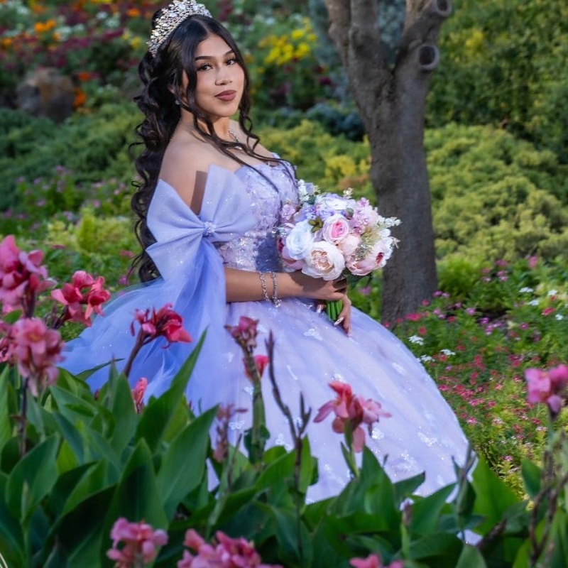 Лавандовое платье Quinceanera с открытыми плечами и бантом с накидкой Бальное платье принцессы для выпускного вечера Милое мексиканское платье для девочек 16 XV лет