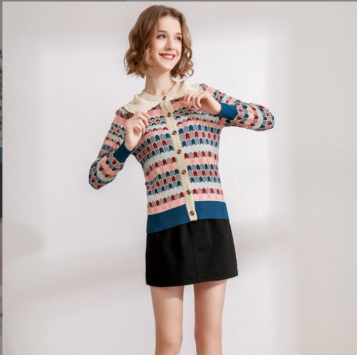 1016 2023 Осенний женский свитер с длинным рукавом с круглым вырезом Белый Синий Кардиган Модная одежда в полоску 20237631