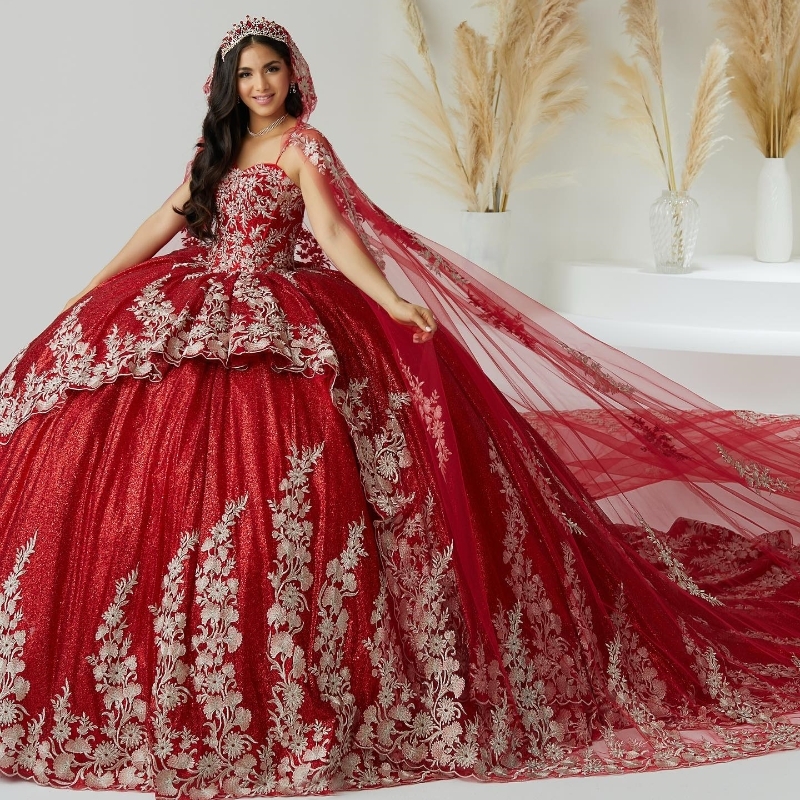 Luxury Red Mexican Quinceanera Dresses Ball Gown 2024 Beaded Gold Applicies spets Sweet 16 Dress Lace-up Vestidos de 15 Anos