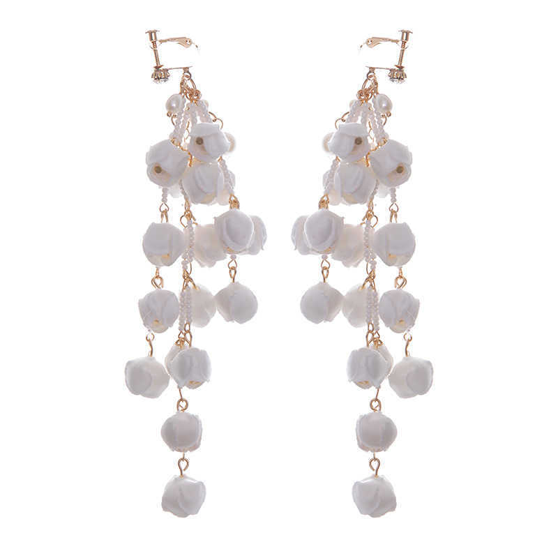 French Style White Bell Orchid Pearl High-end Sense Celebrity Tassel Ear Clip Dress Performance Accessories Bride Earrings