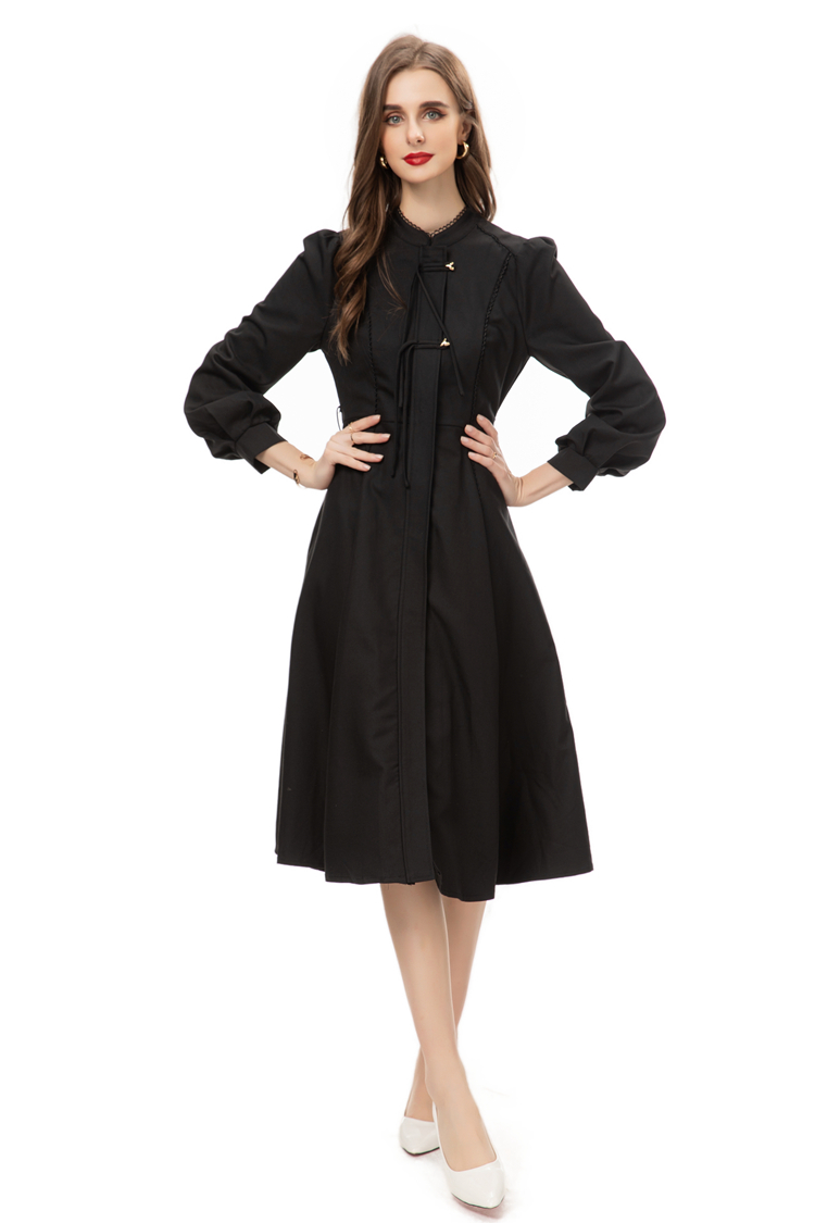 Women's Runway Dresses Stand Piping Collar Long Sleeves Mid Vestidos with Belt