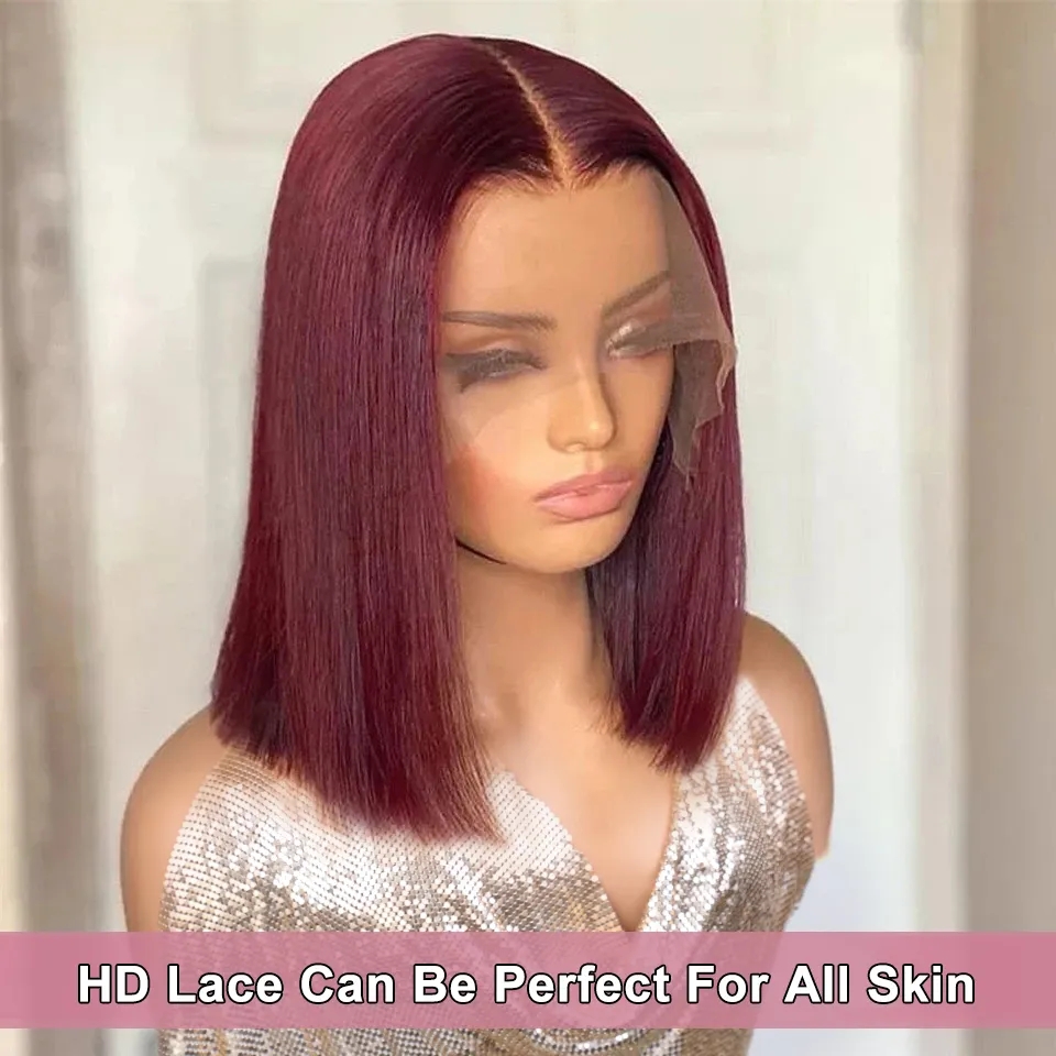 Hot 99J Burgundy Short Straight Bob Human Haird Brorzil Bob Wig Lace Lace Hair Peruvian Hair Breacted T Part Part Part Lace Remy Hair Cheap للبيع