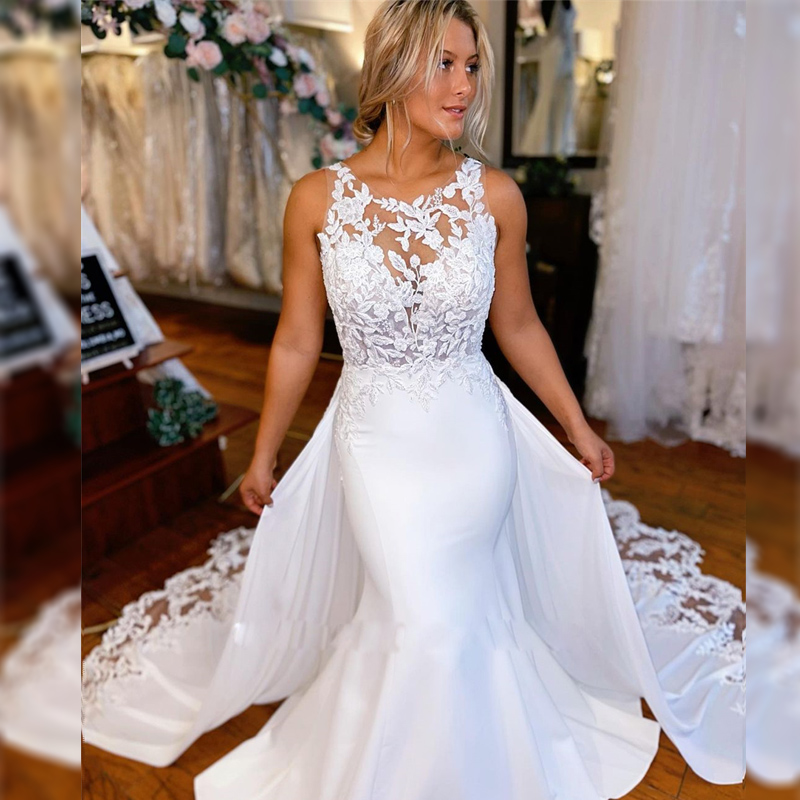 Plus Size Flower Lace Train Romantic Mermaid Wedding Dresses Beautiful Back Wedding Dress For Bride Chiffon Bridal Gown