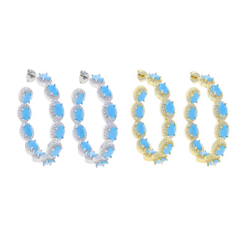 New Arrival Blue Turquoise with Mini Zircon Hoop Earrings Paved Full White Cubic Zirconia Fashion Hip Hop Women Lady Festival Gift Jewelry