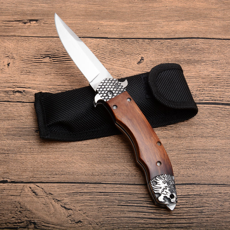 Nieuwe Leeuw Auto Tactische Zakmes 8Cr13Mov Satin Blade Houten Handvat Outdoor Edc Zakmessen Met Nylon Schede