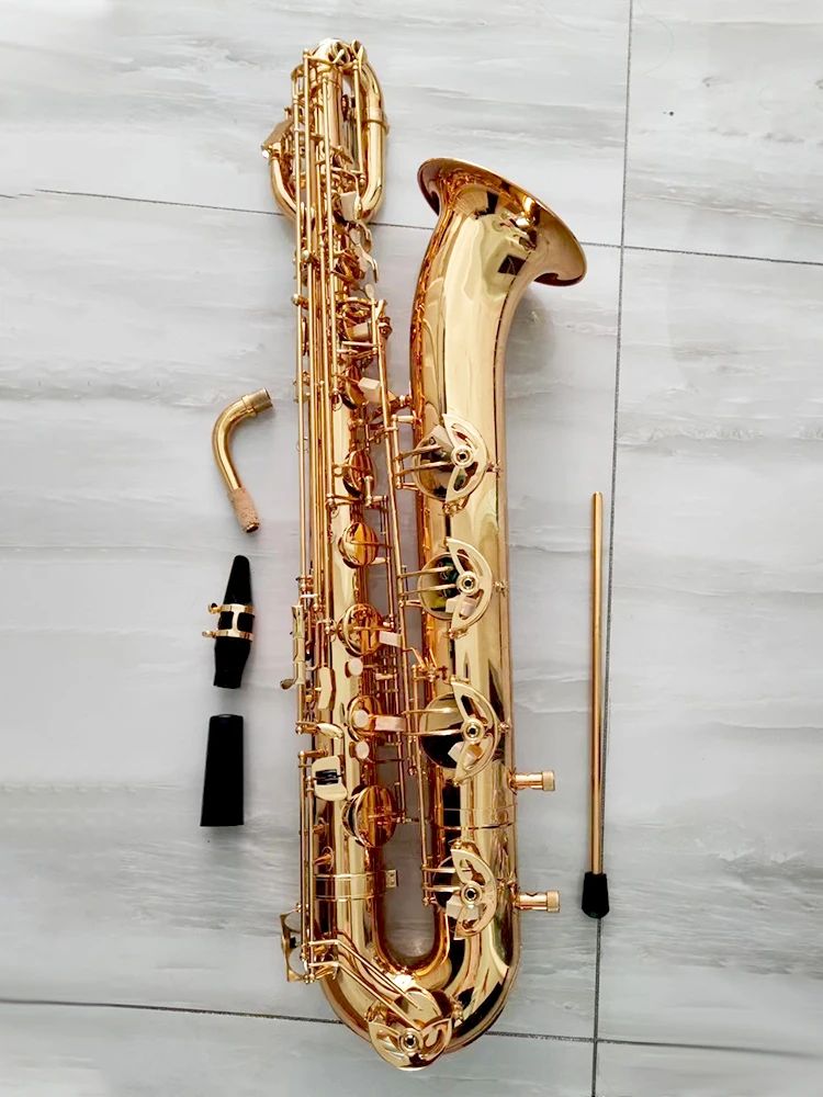 Goldenes professionelles Baritonsaxophon, flaches E-Tune-Upgrade, Doppelrippe, tiefes Gravurmuster, hochwertiges Klang-Jazzinstrument