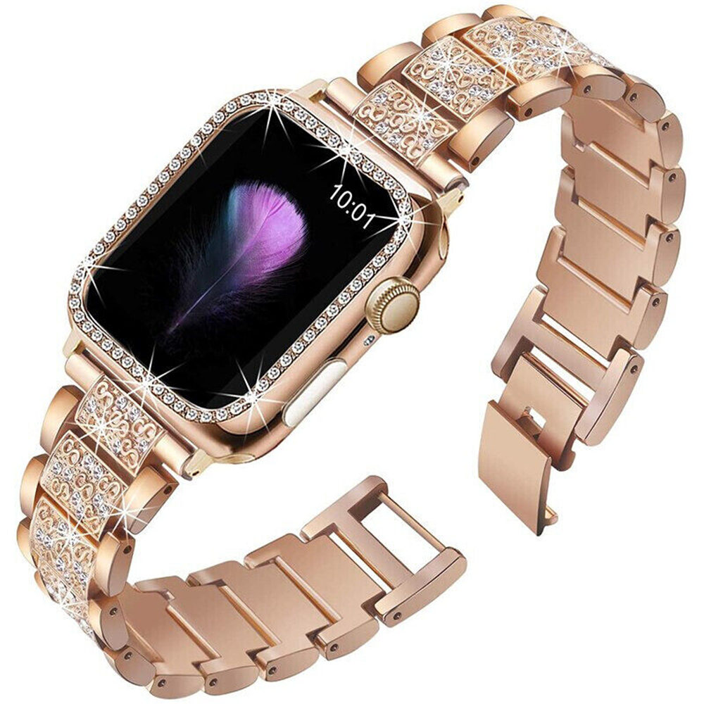 Luksusowy Bling Diamond Pasek ze stali nierdzewnej + obudowa na komputer do Apple Watch Series 8 7 6 5 4 3 2 SE