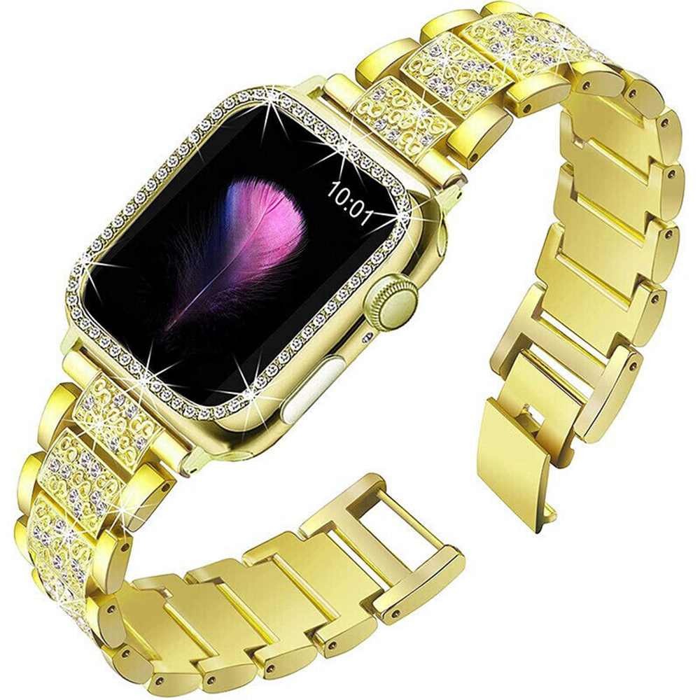 Luksusowy Bling Diamond Pasek ze stali nierdzewnej + obudowa na komputer do Apple Watch Series 8 7 6 5 4 3 2 SE