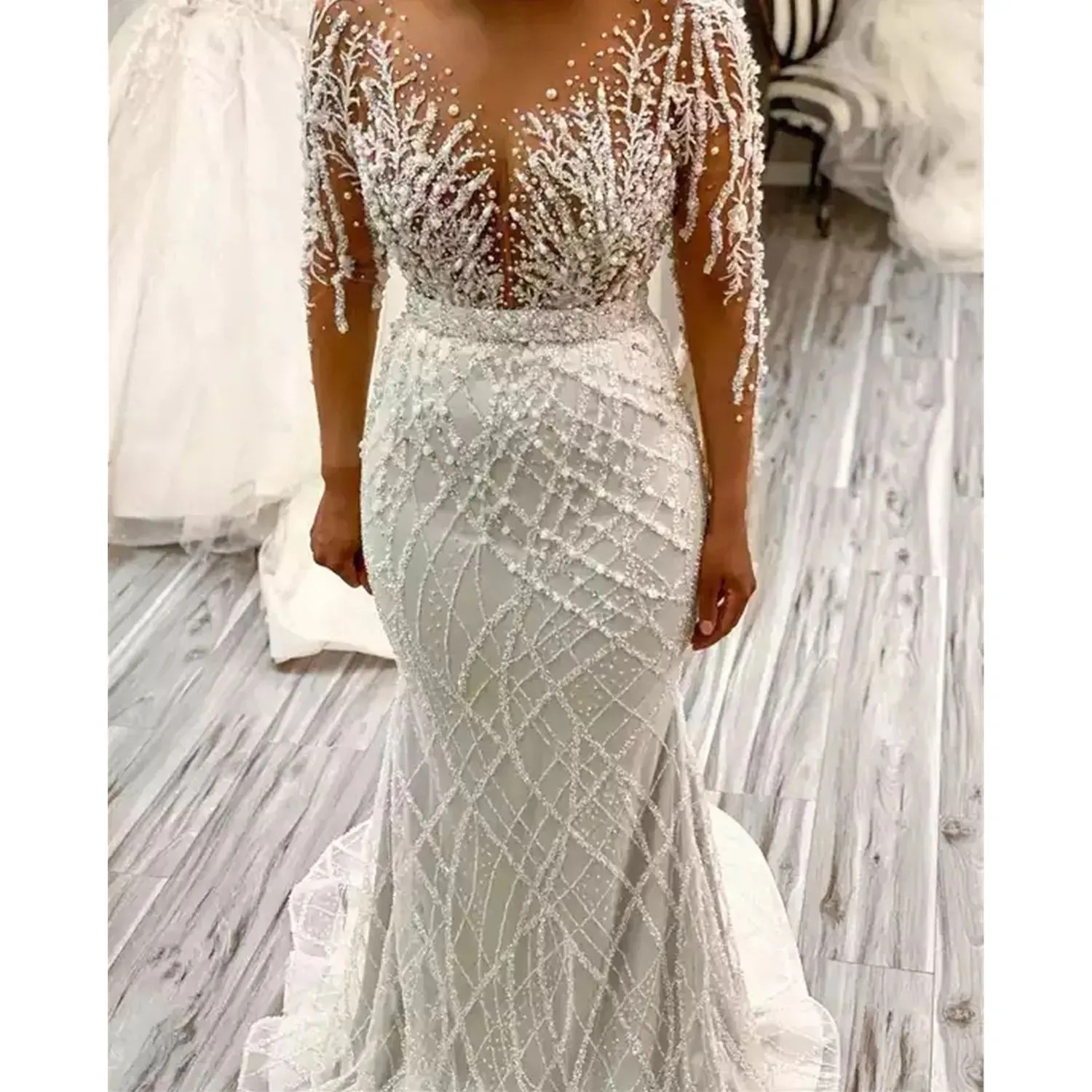 Splendide perle che bordano abiti da sposa africani nigeriani con treno staccabile maniche lunghe plus size sirena abiti da sposa sexy scollo rotondo abiti da sposa CL2810