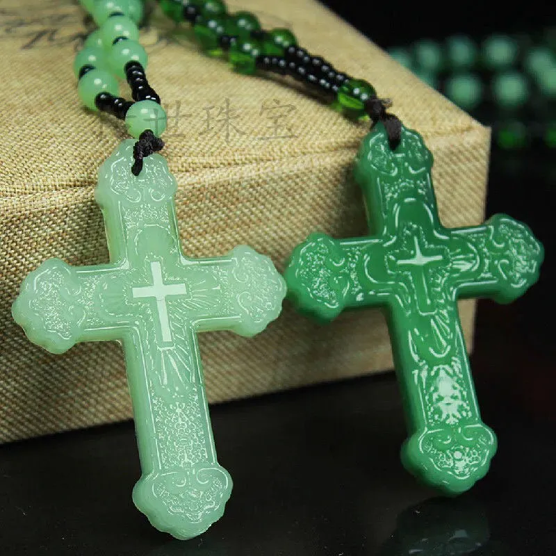 Natural Green Jade Cross Pendant Necklace Hand-Carved Charm Jadeite Jewelry Fashion Luck Amulet Gifts