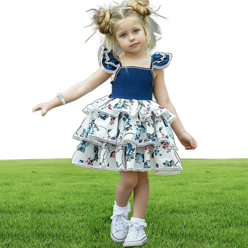 Ny Summer Casual Girls Dress Toddler Holiday Beach Style Sweet Short Sleeve Floral Print Dresses Fashion Plaid Spets Kids Clothes5040118