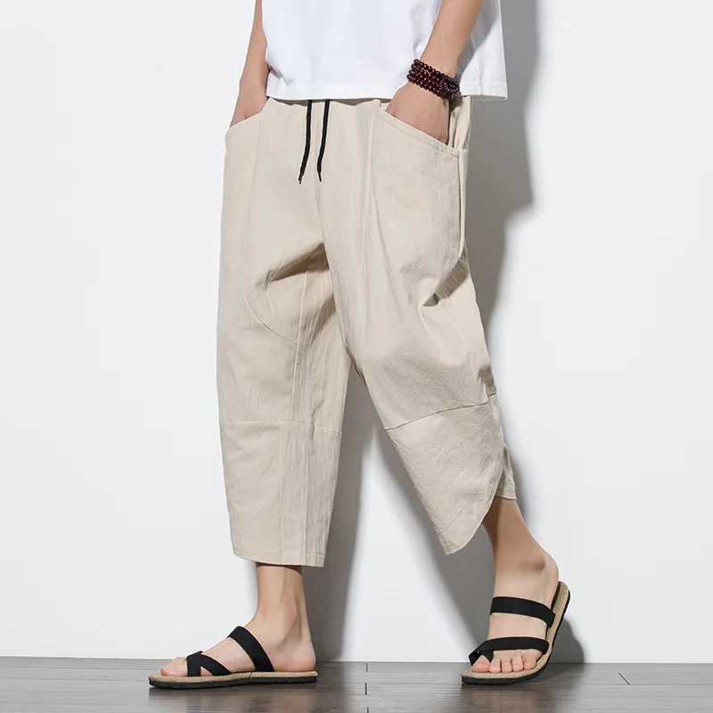 Men's Pants Solid Color Cotton Linen Straight Pants for Men Summer Wide Leg Capris Fashion Harem Trousers Casual Retro Drawstring Streetwear