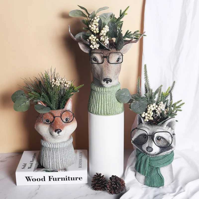 Vaser djur med glasögonblomma vas söt uggla hjortar räv raccoon harts blommor krukor skrivbord prydnad trädgård blomkulka skulptur craftl23/10/23