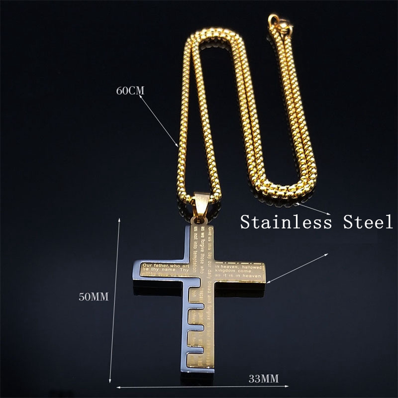 Retro skriftlig bön Cross Pendant Halsband 316L Rostfritt stål 18K Guldpläterad herrhalsband Religionsmycken