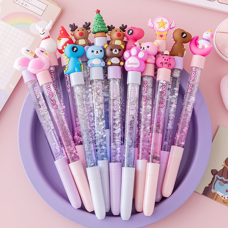 Cute cartoon quicksand pen, primary school student black water-based pen, creative children's stationery, colorful neutral pen