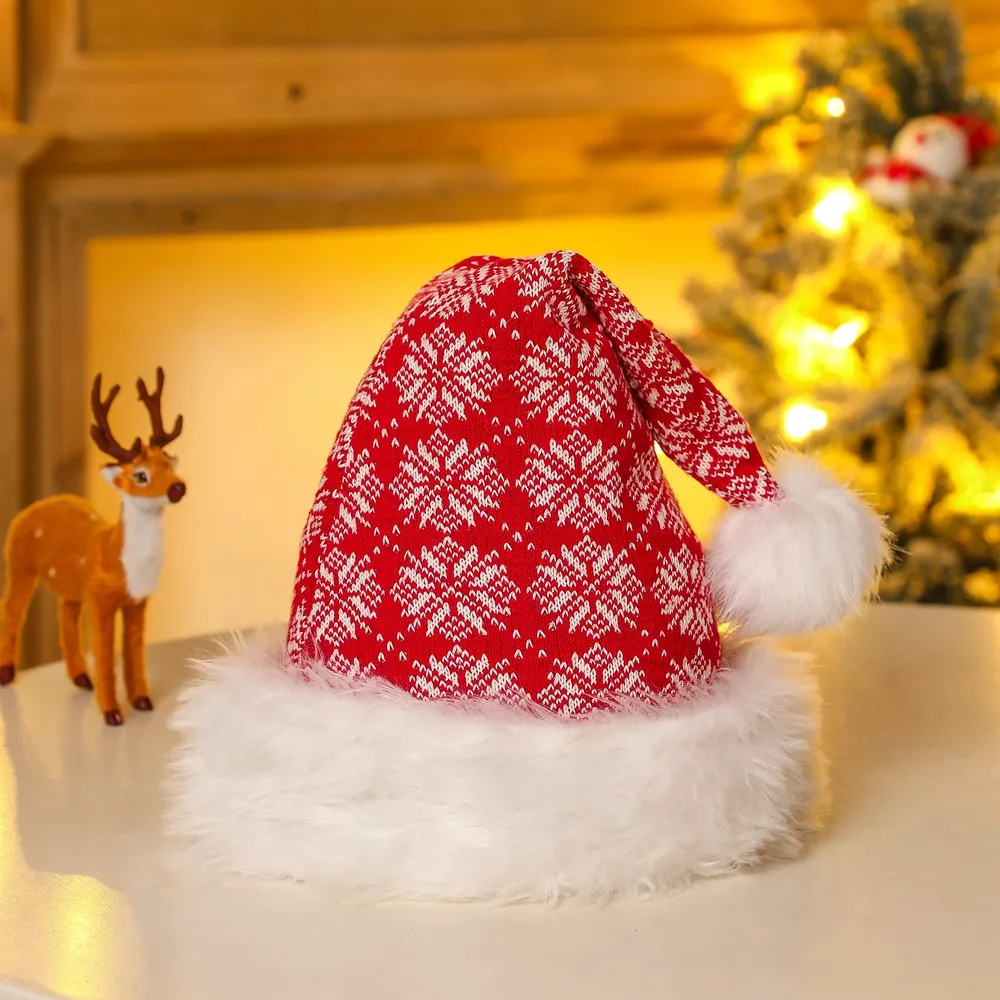 Red Christmas Hat Soft Plush Striped snowflak Hats Santa Claus Cosplay Cap Children Adults Xmas Party Decoration Caps TH0091