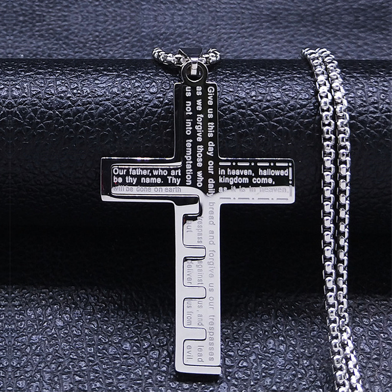 Retro skriftlig bön Cross Pendant Halsband 316L Rostfritt stål 18K Guldpläterad herrhalsband Religionsmycken