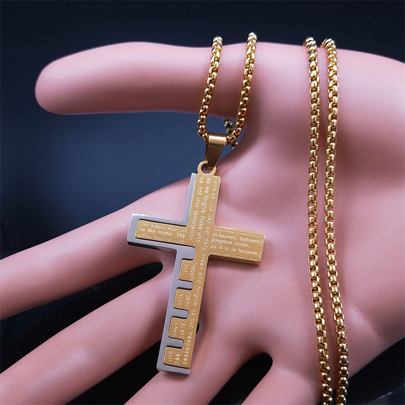 Retro skriftlig bön Cross Pendant Halsband 316L Rostfritt stål 18K Guldpläterad herrhalsband Religionsmycken