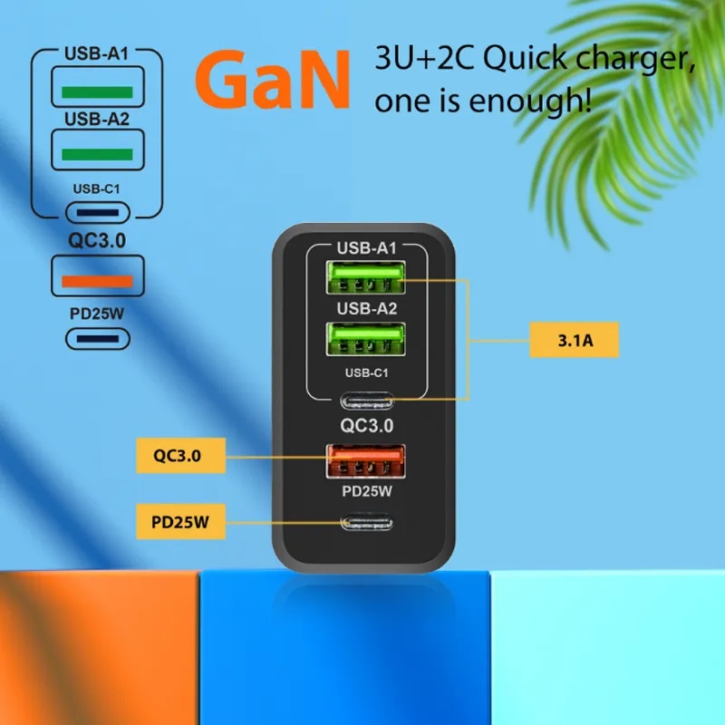 محول 65W شاحن الهاتف المحمول Type-C+3USB GALLIUM NITRIDE 5A شاحن السفر متعدد المنافذ PD