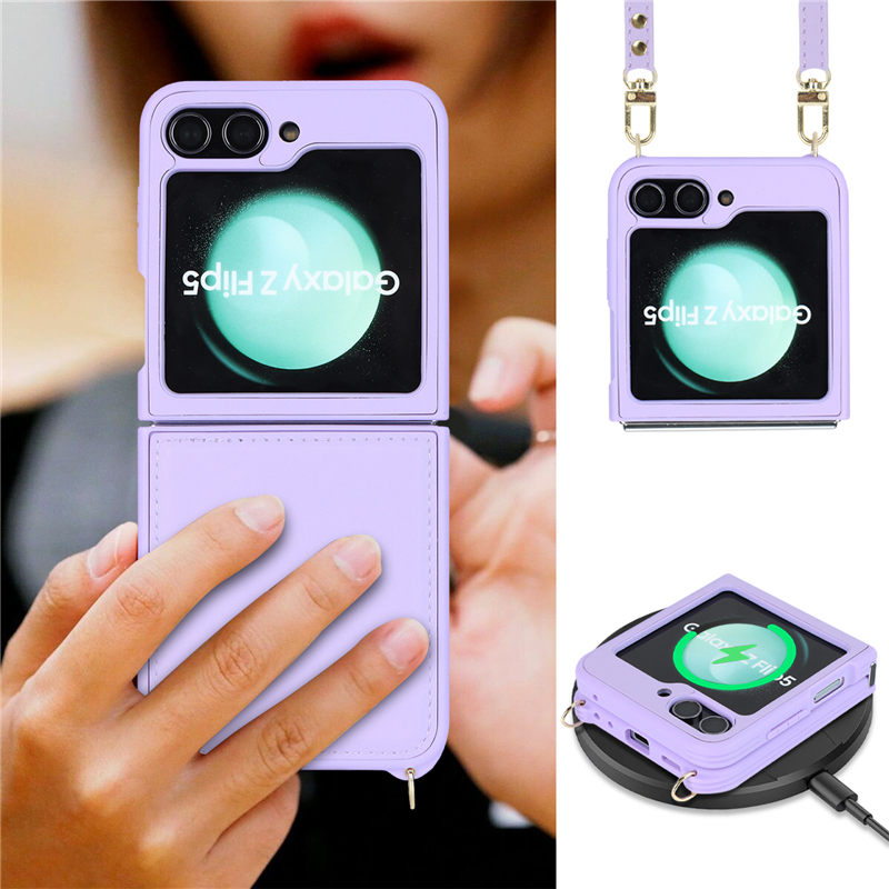 Luxury Crossbody Magnetic Leather Vogue Phone Case för Samsung Galaxy Folding Z Flip5 5G Slim Full Protective Solid Color Fold Shell Supporting Wireless Charging