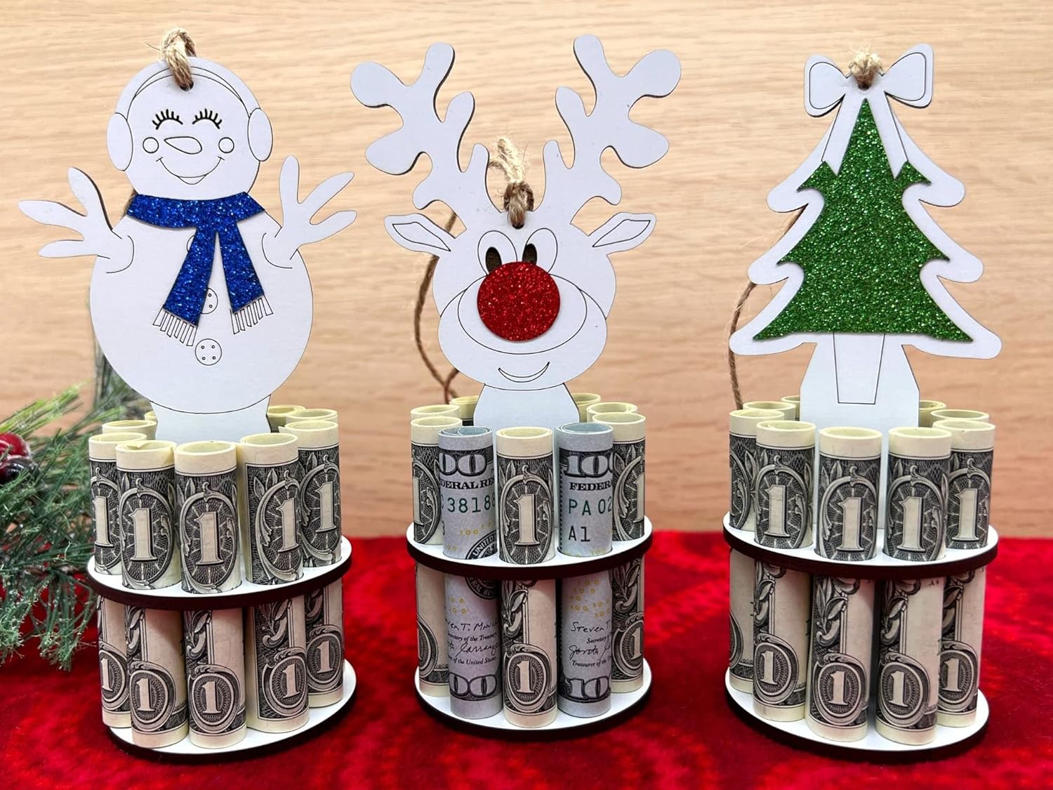 Wooden Christmas Unique Money Holder for Cash Money Gift Holder Ornaments Reindeer Snowman Christmas Tree Desktop Hanging pendant