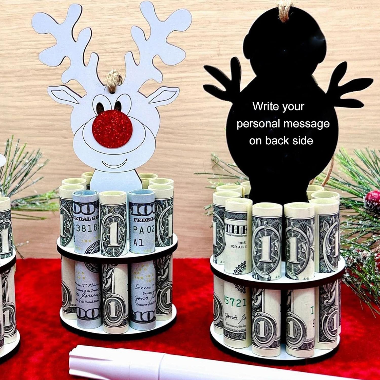 Porte-monnaie de Noël unique en bois pour argent liquide, porte-cadeau, ornements, renne, bonhomme de neige, arbre de Noël, pendentif suspendu de bureau