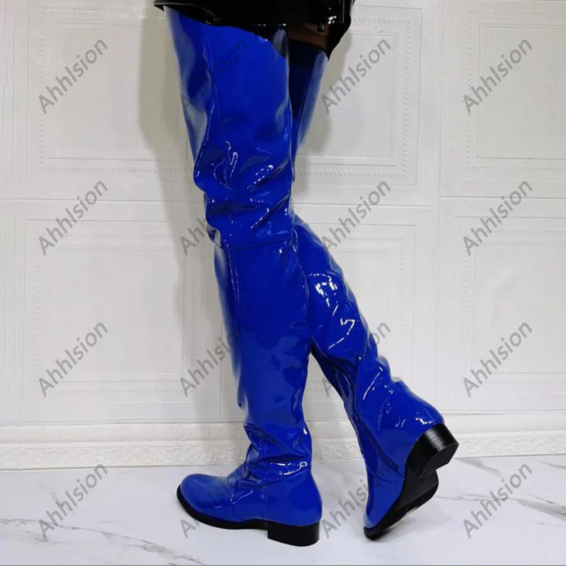 Ahhlsion Neue Frauen Winter Oberschenkel Stiefel Patent Leder Zipper Flache Mit Heels Runde Kappe Blau Casual Schuhe Damen UNS Größe 5-20