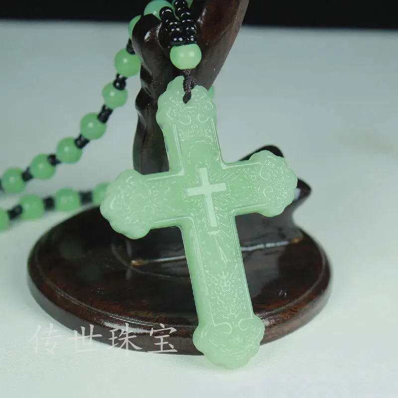 Natural Green Jade Cross Pendant Necklace Hand-carved Charm Jadeite Jewelry Fashion Luck Amulet Gifts
