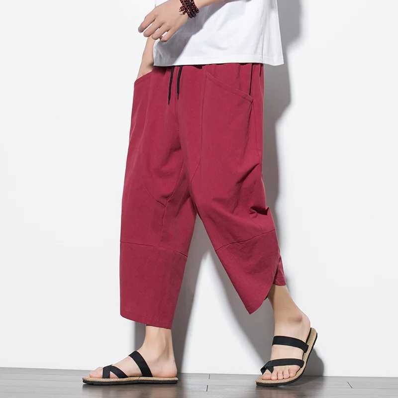 Men's Pants Solid Color Cotton Linen Straight Pants for Men Summer Wide Leg Capris Fashion Harem Trousers Casual Retro Drawstring Streetwear