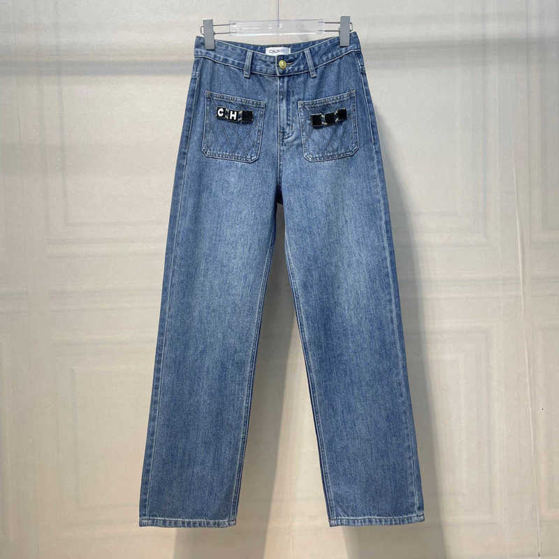 Jeans femininos designer de alta qualidade 2023 outono novo jean feminino bolso frontal corrente cintura alta na moda calças retas z9yf