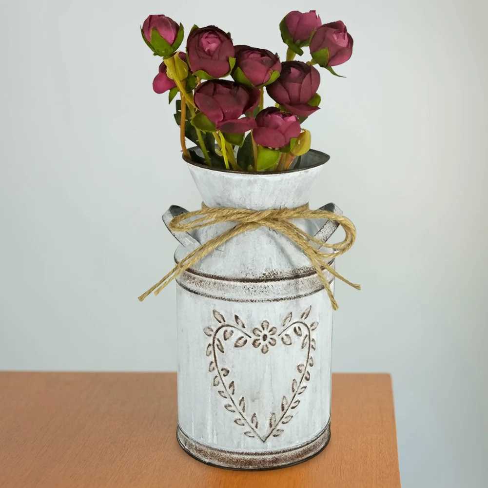 Vases Vintage Garden Metal Flower Vases Home Wedding Artificial Flowers Bucket Barrel Holder Shabby Chic Country Style Jug Can CraftL23/10/23