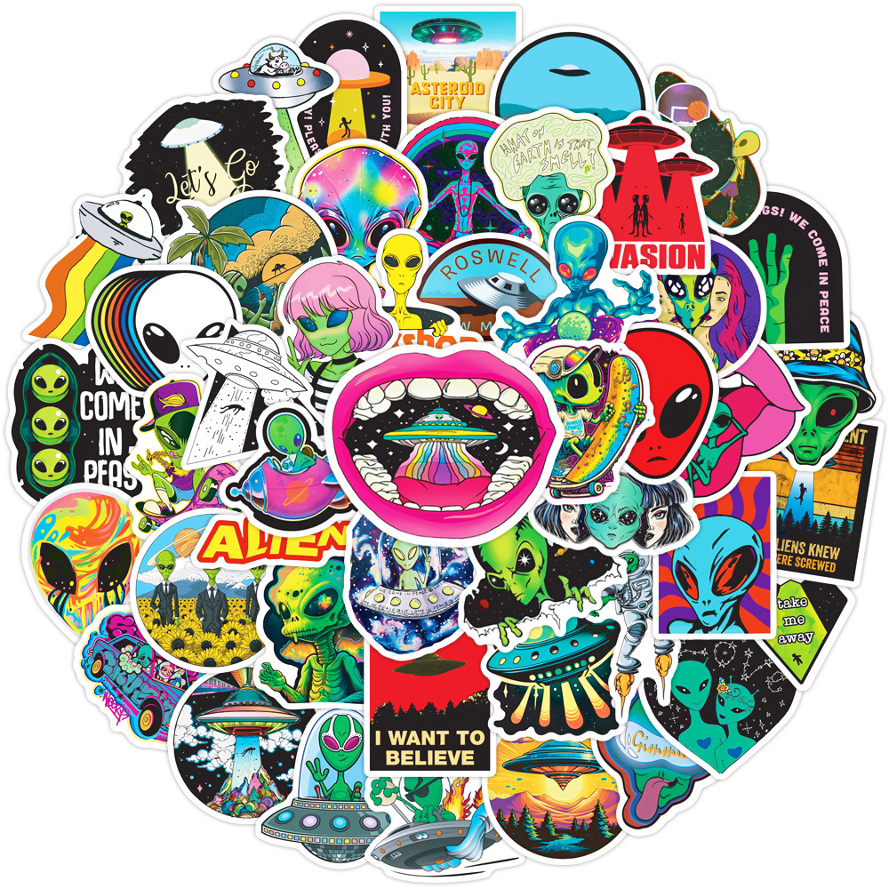 50 Stück Cartoon-Aliens-UFO-Aufkleber, außerirdisch, lustig, Untertasse, Mann, Graffiti-Aufkleber für DIY Gepäck, Laptop, Skateboard, Motorrad, Fahrrad