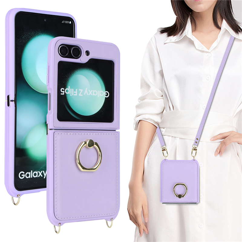 Luxury Crossbody Lychee Grain Phone Case för Samsung Galaxy Folding Z Flip5 5G Fullt skyddande litchi -mönster läder kickstand vikskal med fingerringhållare