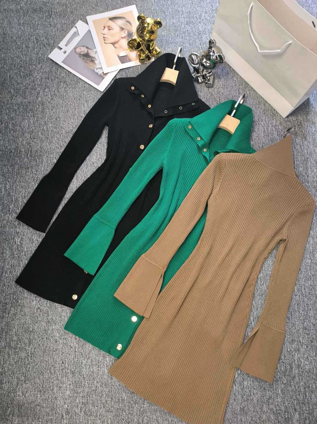 1026 2023 Runway Dress Autumn Dress Brand Same Style Empire Lapel Neck Long Sleeve Khaki Green Black Womens Dress Fashion YL