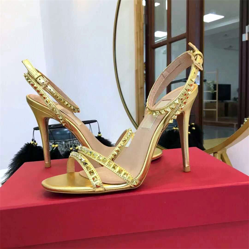 High quality Women's high Heel sandals Summer Luxury designer leather studded heels Sexy stiletto Party Shoes Designer Fashion Wedding LACES Box 10 cm heel