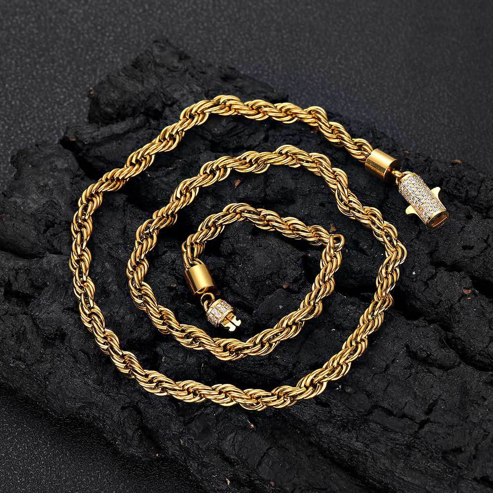 designer necklace cuban link chain mens stainless steel gold plated 6mm wide rope twisted chain inlaid diamond necklaces for women designer jewelry gift