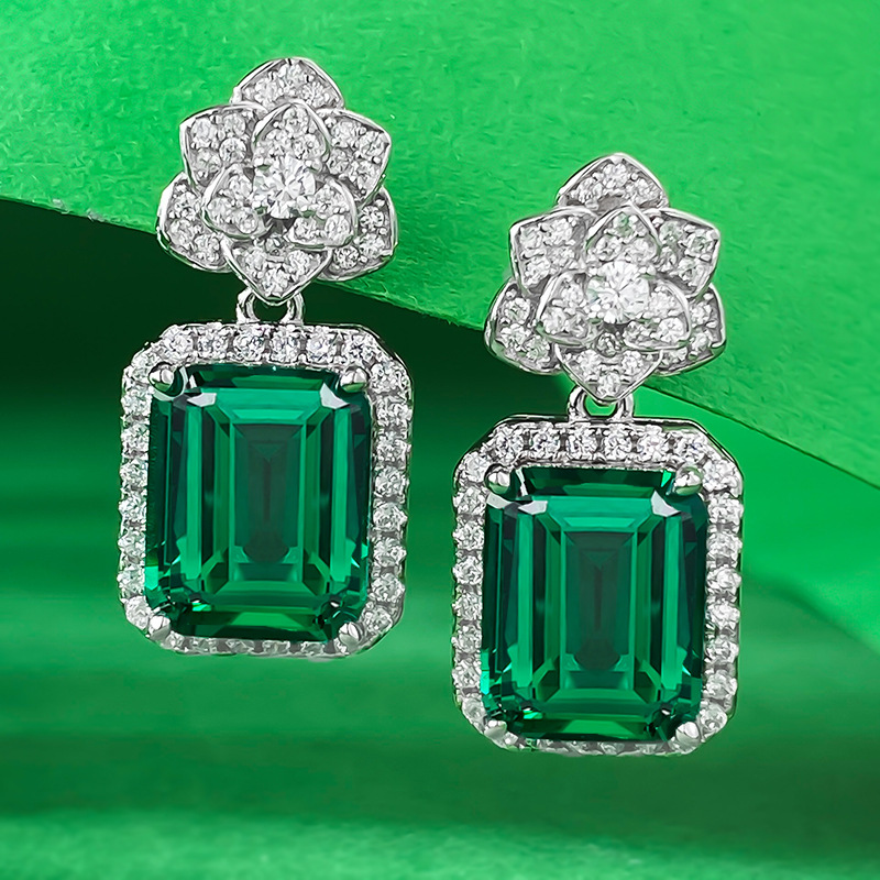 Bloem Emerald Diamond Dangle Earring 100% Echt 925 Sterling Zilveren Bruiloft Oorbellen voor Vrouwen Bruidsbelofte Sieraden Cadeau