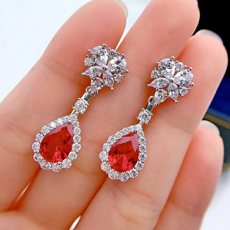 Charm Flower Ruby Diamond Dangle Earring 100% Real 925 Sterling Silver Wedding Drop Earrings For Women Bridal Promise SMYELLT