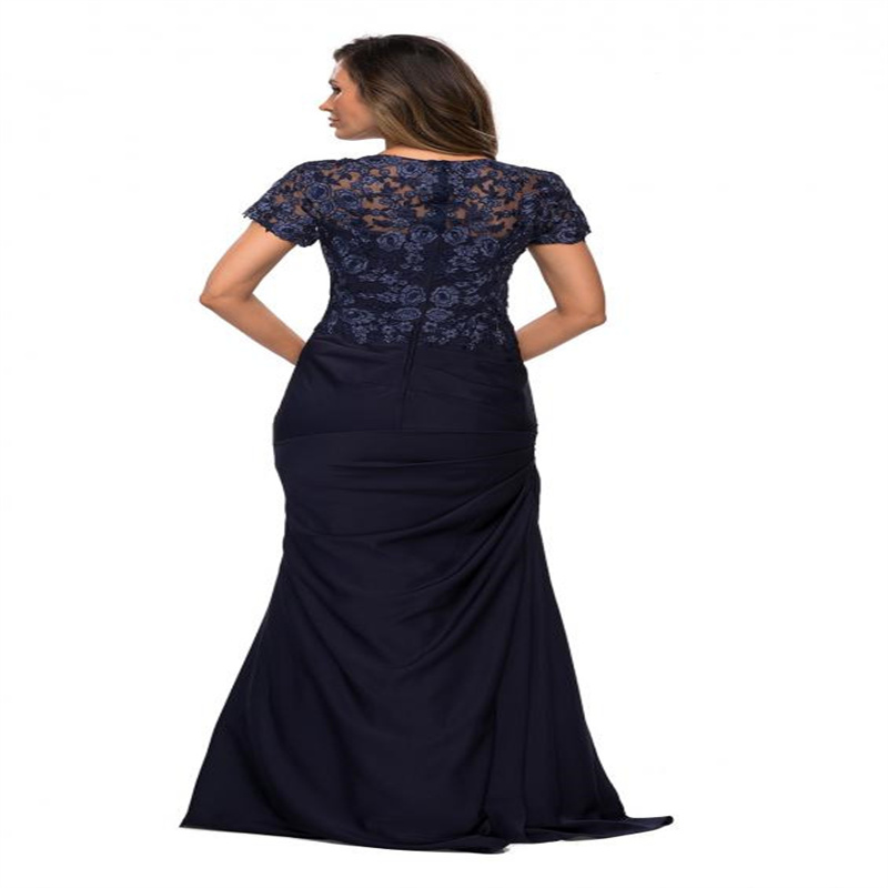 Modern Lace Navy Blue Mother of The Bridal Dress Short Sleeves Chiffon Women Formal Evening Gown for Wedding Party vestido de mad New