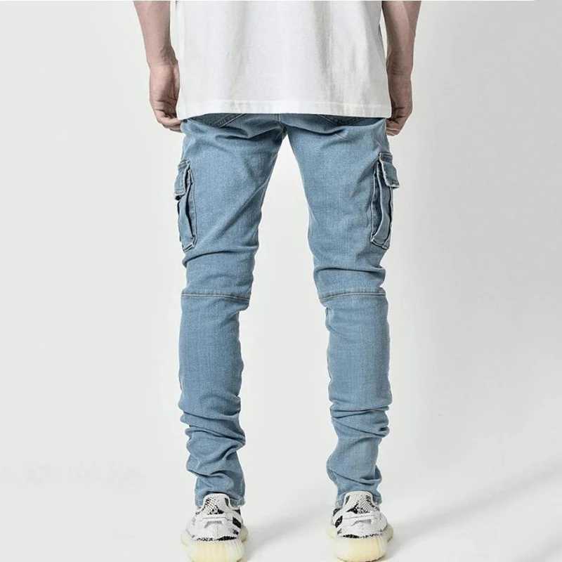 Herr jeans nya tvättade jeans för män fast färg multi fickor denim mitt midja last jeans plus size mode casual byxor man dagligen slitage