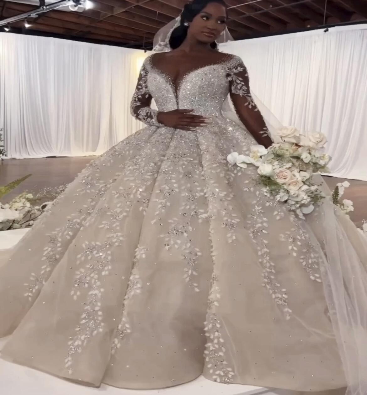 2023 out árabe aso ebi plus size vestido de baile luxuoso vestido de casamento renda frisada tule vestidos de noiva zj266