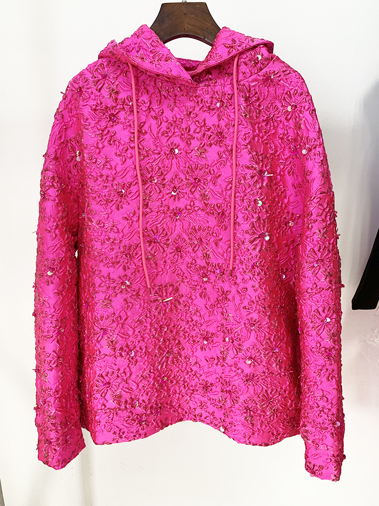 1026 2023滑走路秋の秋のブランド同じスタイルのセーター長袖フード付きビーズピンクファッション服高品質の女性オウレイ
