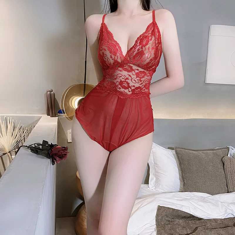 Pigiama sexy Babydoll Sexy Crotchless Teddy Lingerie le donne Costumi erotici in pizzo sessuale Teddy Baby Doll Dress Deep V Reggiseno aperto Porno Intimo