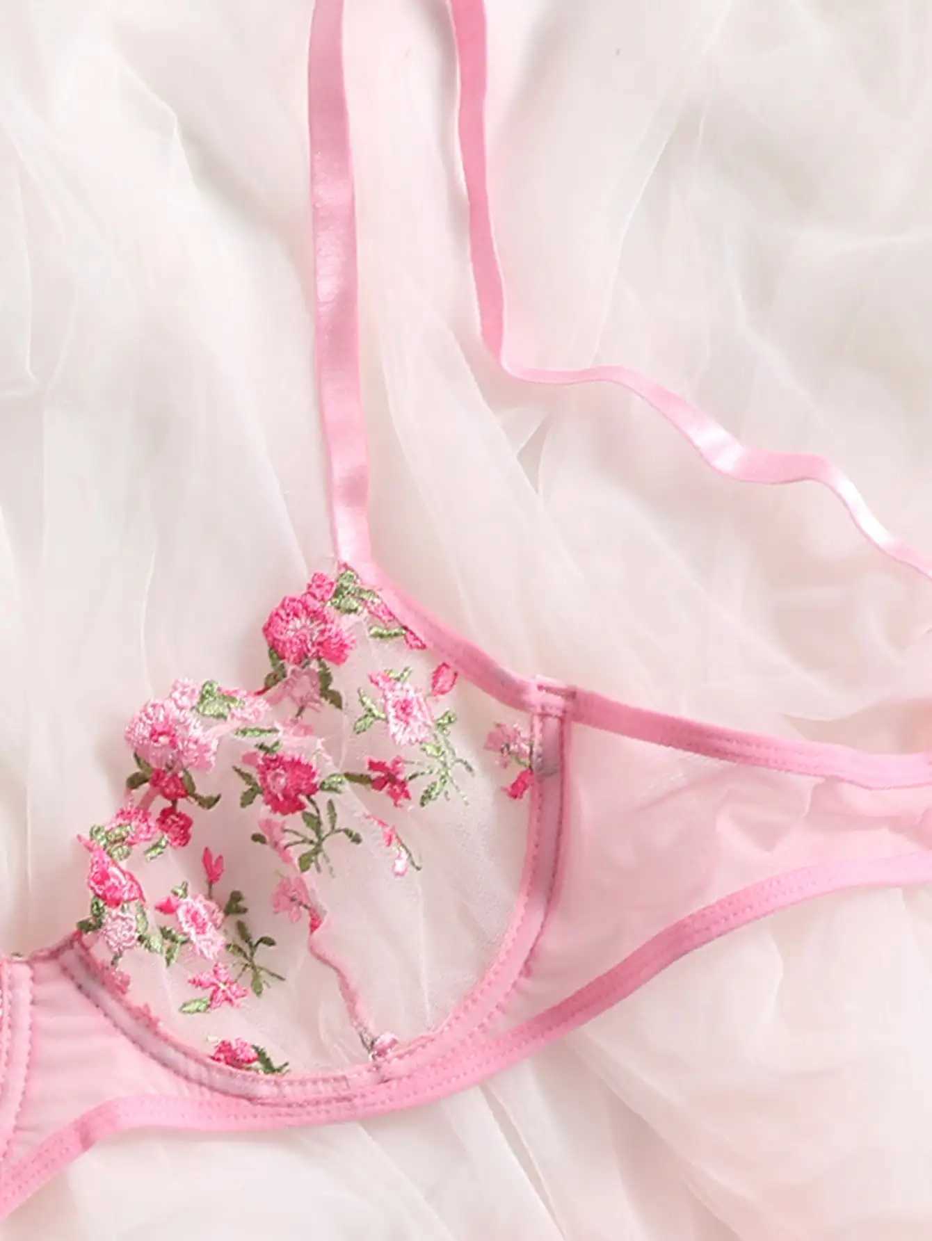 Ensemble Sexy pour femmes, Lingerie brodée florale, sous-vêtements en dentelle transparente, Kits de soins de la peau courts, fée délicate