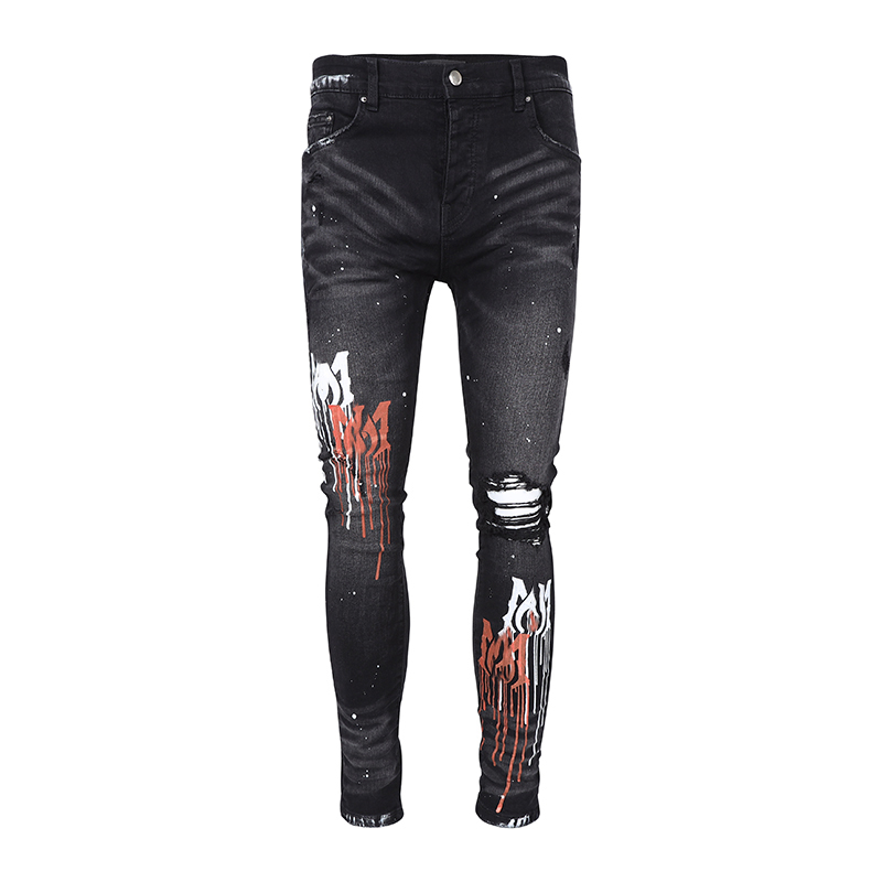 Amares Designer Heren Jeans Paarse Jeans High Street Hole Star Patch Heren Dames Amares Star Geborduurde Paneelbroek Stretch slanke broek28-40