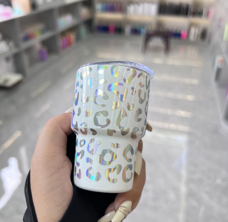 3oz holografisk skott glas leopard tryck tumbler med metall halm rostfritt stål tumlare mini glas reser mugg vatten flaska vinglas