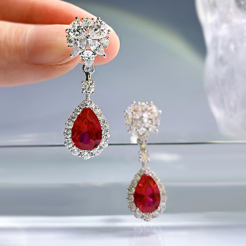 Charm Flower Ruby Diamond Dangle Earring 100% Real 925 Sterling Silver Wedding Drop Earrings For Women Bridal Promise SMYELLT