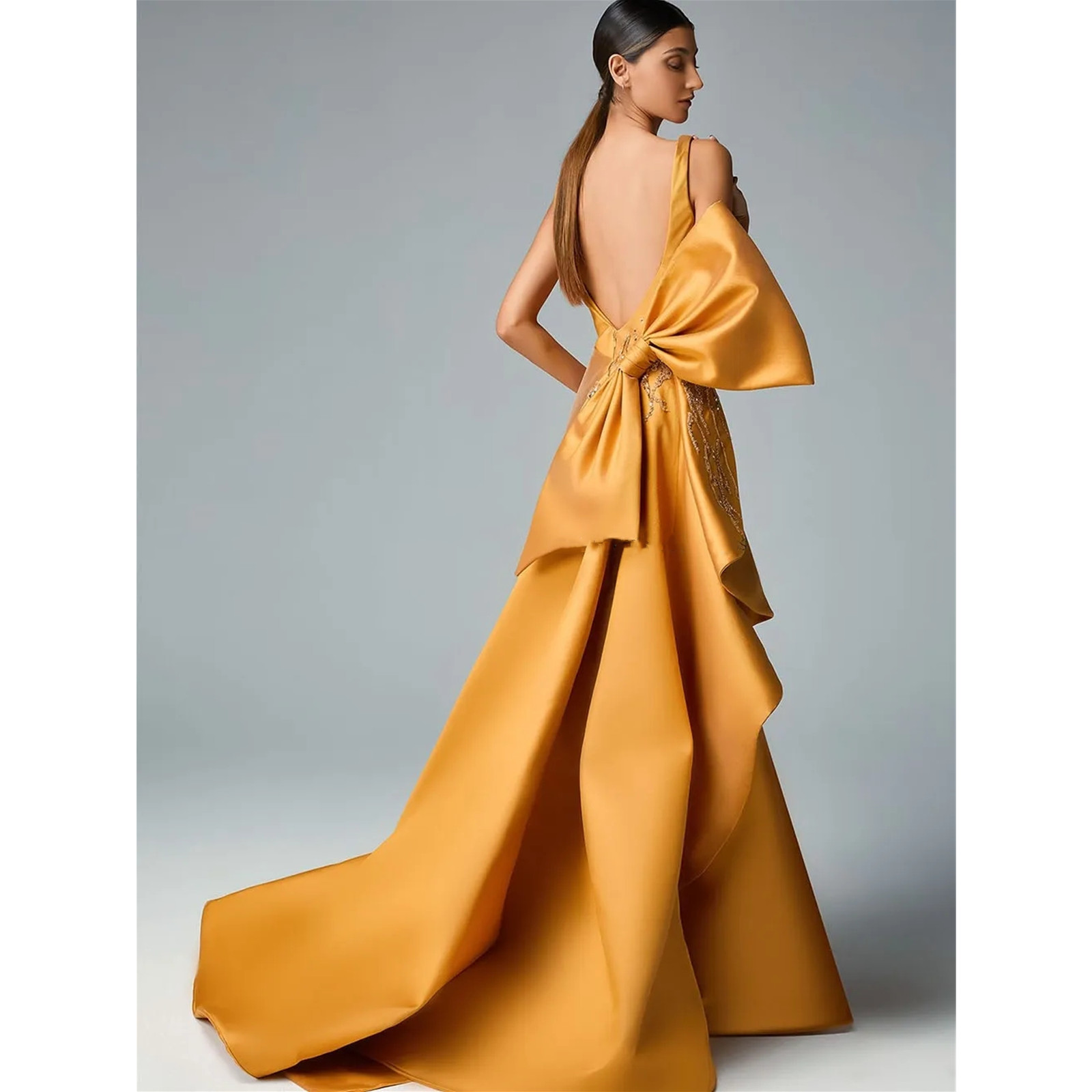 Yellow Design Best Selling Mermaid Sweep Spaghetti Train Chiffon Cap Prom Gowns Formal Evening Dresses Sleeve Prom Dresses Beaded Pleats